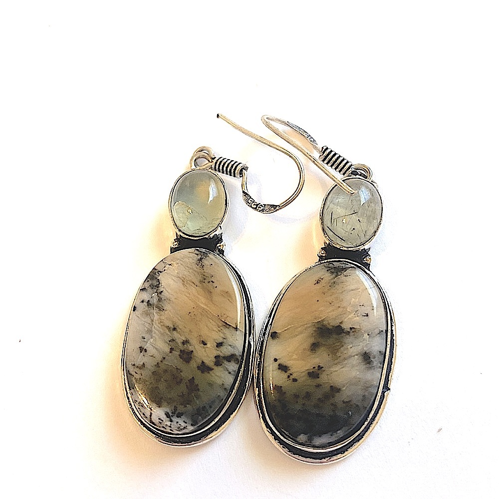1 1/2 inch, Dendrite Opal and Prehnite , 925 marked earrings